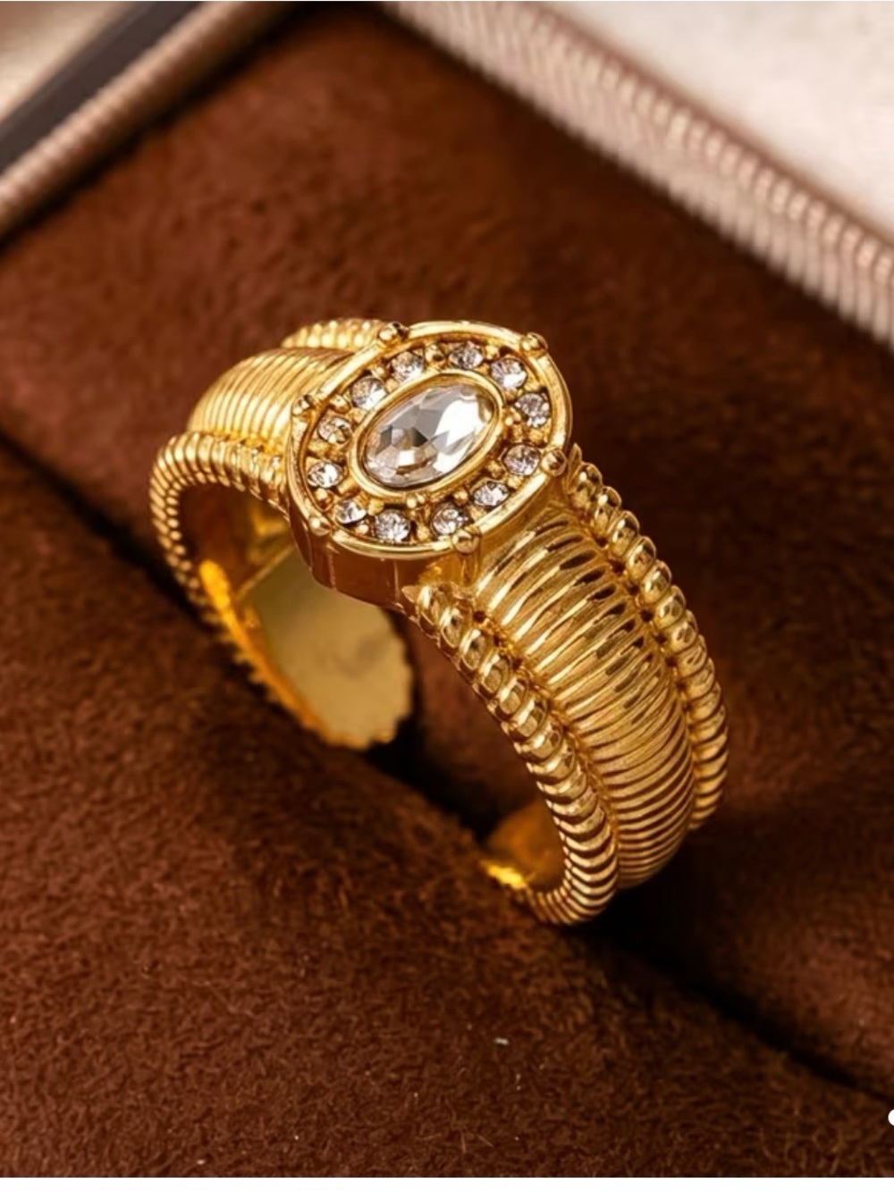 18k Gold plated zircon Coil Bypass Ring with Oval Accent